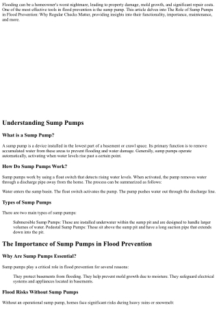 The Role of Sump Pumps in Flood Prevention: Why Regular Checks Matter