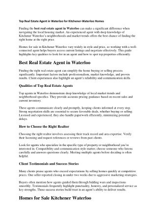 Top Real Estate Agent in Waterloo for Kitchener-Waterloo Homes