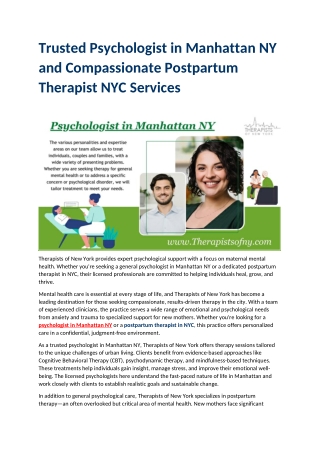 Trusted Psychologist in Manhattan NY and Compassionate Postpartum Therapist NYC Services