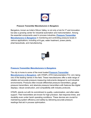 Pressure Transmitter Manufacturers in Bangalore