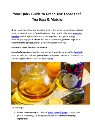 Premium Green Tea Guide – Loose Leaf, Tea Bags & Matcha | Haflong Tea