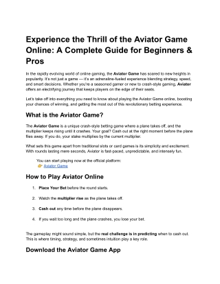 Discover the Thrill of the Aviator Game Online
