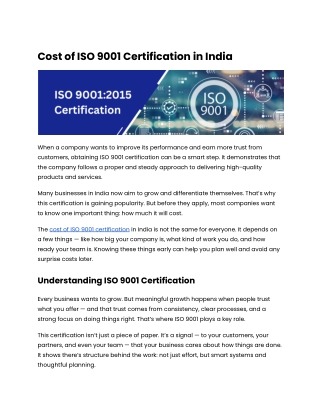 Cost of ISO 9001 Certification in India_