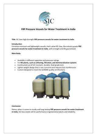 FRP Pressure Vessels for Water Treatment in India