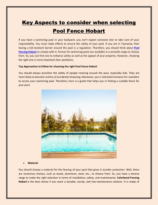 Key Aspects to consider when selecting Pool Fence Hobart