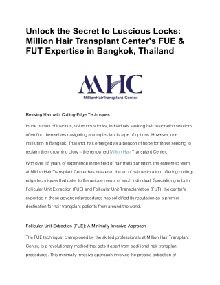 " Million Hair transplant Center, Bangkok , Thailand FUE FUT. Hair transplant Ce