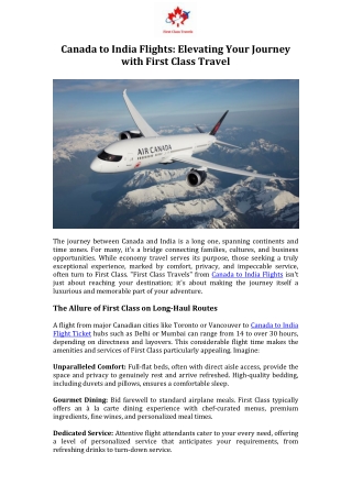 Canada to India Flights Elevating Your Journey with First Class Travel