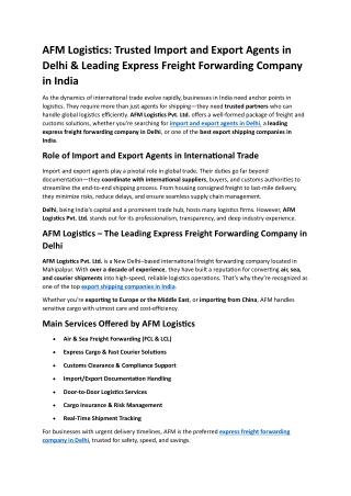 AFM Logistics-Trusted Import and Export Agents in Delhi & Leading Express Freight Forwarding Company in India