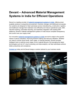 Devant – Advanced Material Management Systems in India for Efficient Operations