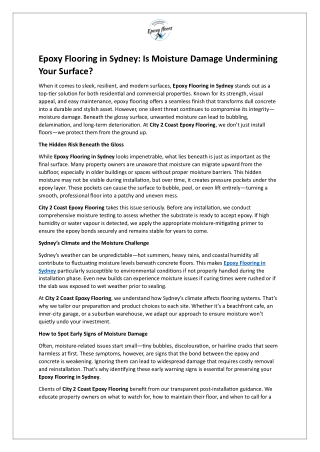 Epoxy Flooring in Sydney - Is Moisture Damage Undermining Your Surface