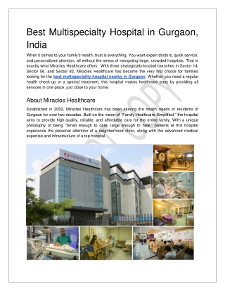 Best Multispecialty Hospital in Gurgaon - Miracles Healthcare