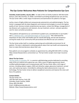 The Eye Center Welcomes New Patients for Comprehensive Eye Care