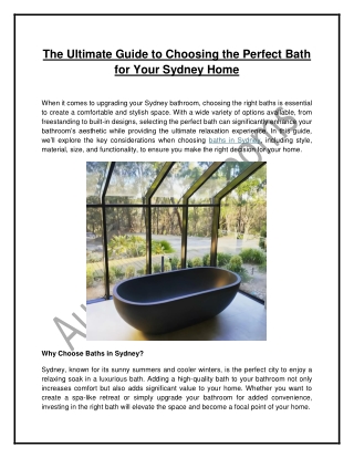 The Ultimate Guide to Choosing the Perfect Bath for Your Sydney Home