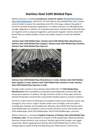 Stainless Steel 310H Welded Pipes Exporters In India