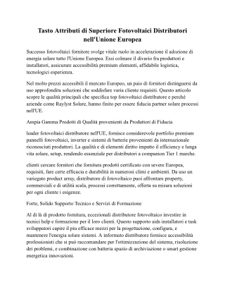 Tasto Caratteristiche di Leader Fotovoltaici Distributori nell'Unione Europea