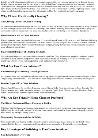 Reasons to Switch to Eco Clean Solutions for Your Home’s Needs in Dublin