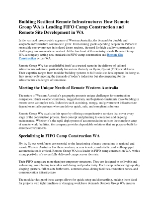 Building Resilient Remote Infrastructure: How Remote Group WA is Leading FIFO