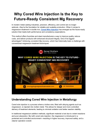 Why Cored Wire Injection Is the Key to Future-Ready Consistent Mg Recovery