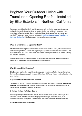 Brighten Your Outdoor Living with Translucent Opening Roofs – Installed by Elite Exteriors in Northern California