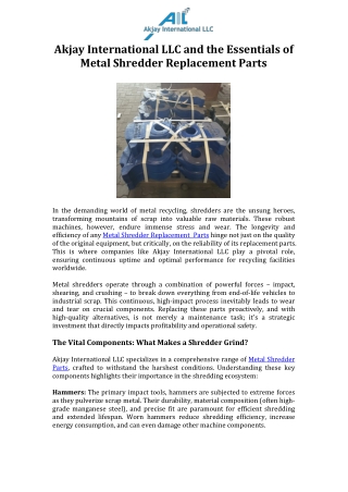 Akjay International LLC and the Essentials of Metal Shredder Replacement Parts