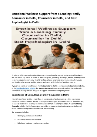 Emotional Wellness Support from a Leading Family Counselor in Delhi, Counsellor in Delhi, and Best Psychologist in Delhi