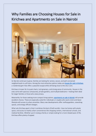 Why Families are Choosing Houses for Sale in Kirichwa and Apartments on Sale in Nairobi