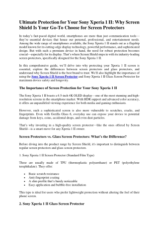 Ultimate Protection for Your Sony Xperia 1 II Why Screen Shield Is Your Go-To Choose for Screen Protectors
