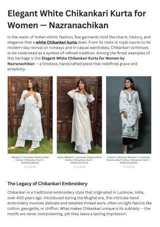 Elegant White Chikankari Kurta for Women — Nazranachikan