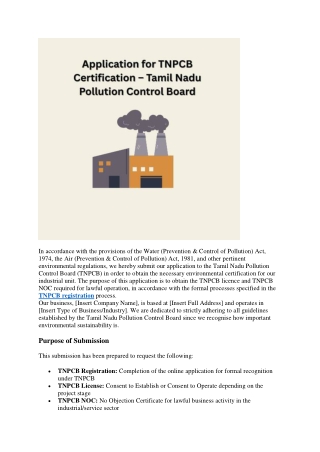 Application for TNPCB Certification – Tamil Nadu Pollution Control Board