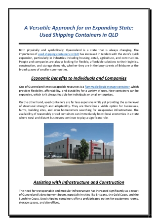 A Versatile Approach for an Expanding State Used Shipping Containers in QLD