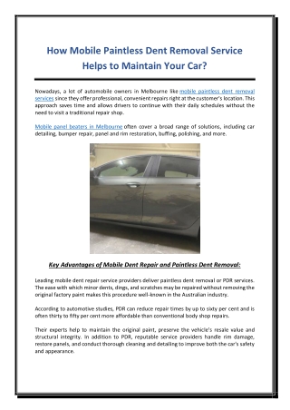 How Mobile Paintless Dent Removal Service Helps to Maintain Your Car