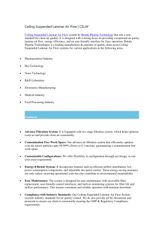 Ceiling Suspended Laminar Air Flow System