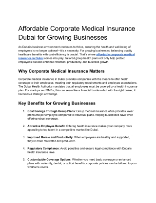 Affordable Corporate Medical Insurance Dubai for Growing Businesses