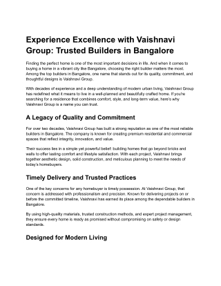 Experience Excellence with Vaishnavi Group: Trusted Builders in Bangalore