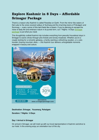 Explore Kashmir in 8 Days by Srinagar Package