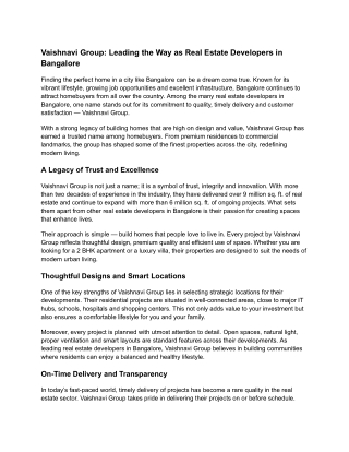 Vaishnavi Group Leading the Way as Real Estate Developers in Bangalore