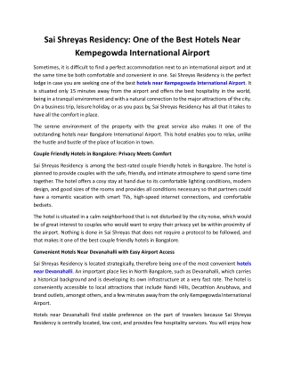 Hotels Near Kempegowda International Airport- Sai Shreyas Residency