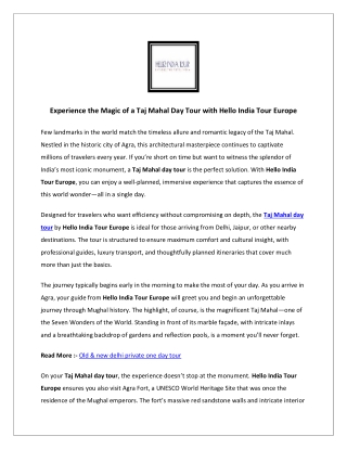 Experience the Magic of a Taj Mahal Day Tour with Hello India Tour Europe