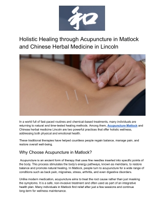 Holistic Healing through Acupuncture in Matlock and Chinese Herbal Medicine in Lincoln