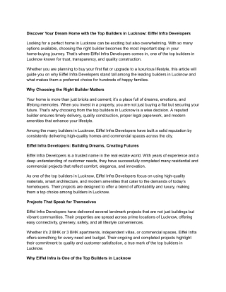 Discover Your Dream Home with the Top Builders in Lucknow Eiffel Infra Developer