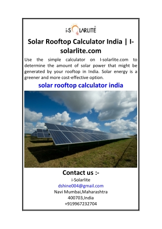 Solar Rooftop Calculator India  I-solarlite.com