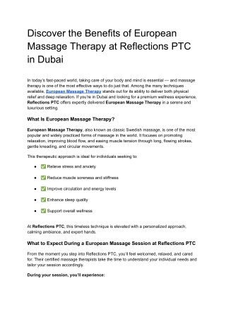 Discover the Benefits of European Massage Therapy at Reflections PTC in Dubai
