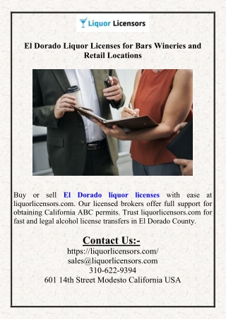 El Dorado Liquor Licenses for Bars Wineries and Retail Locations
