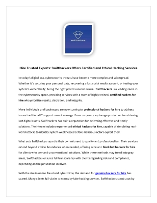 Hire Trusted Experts: Swifthackers Offers Certified and Ethical Hacking Services