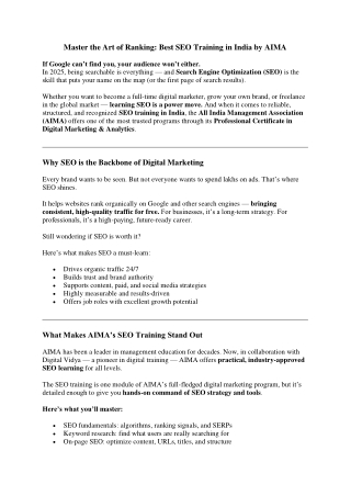 Master the Art of Ranking: Best SEO Training in India by AIMA