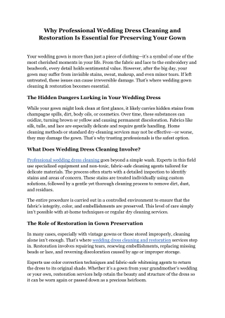 Why Professional Wedding Dress Cleaning and Restoration Is Essential for Preserving Your Gown