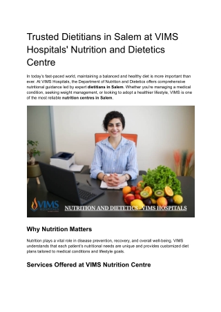 Nutrition and Dietetics Services at VIMS Hospitals, Salem