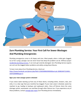 Zurn Plumbing Service Your First Call For Sewer Blockages And Plumbing Emergencies
