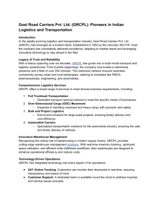 Reliable Logistics and Transportation Services Across India | Goel Road Carriers