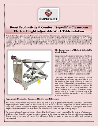 Boost Productivity & Comfort Superlift's Cleanroom Electric Height Adjustable Work Table Solution
